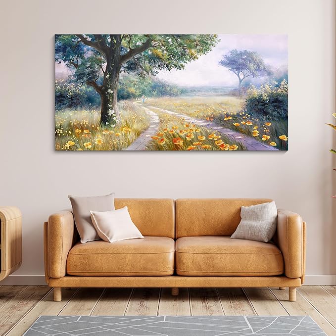 CHATYOUNG Large Landscape Wall Art, Spring Decor Rustic Wildflowers Way Home Wall Pictures, Farmhouse Meadow Painting Wall Art Prints For Living Room Bedroom Bathroom Kitchen Home Decor 29"X58"