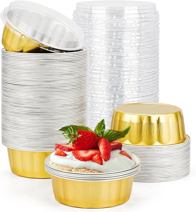 Beasea Disposable Ramekins with Lids, 8oz 100 Pack Golden Aluminum Foil Cups Disposable Creme Brulee Muffin Cupcake Baking Cup Mini Pudding Cups for Party Wedding Birthday