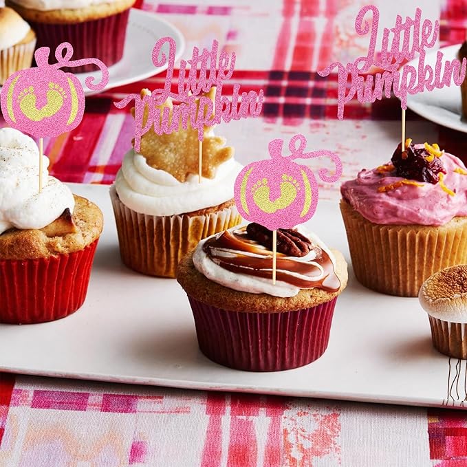 24Pcs Little Pumpkin Cupcake Toppers - Baby Shower Cake Decorations - Baby Feet Pumpkin Cupcake Picks for Thanksgiving, Halloween, Kids Birthday Parties - Pink Glitter