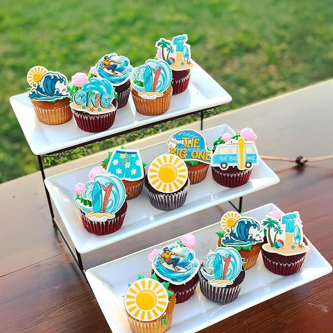 Gyufise 54Pcs Edible Surfing Cupcake Toppers Wafer Paper The Big One Surf Birthday Cake Dessert Picks Surfing 1st Birthday Decorations for Summer Hawaii Holiday Baby First Supplies Light Blue