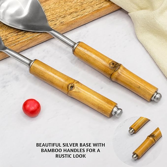 Folkulture Serving Utensils for Modern Cooking, Stainless Steel Salad Servers or Tongs, 12 Inch Tosser, Spoon and Fork Set With Bamboo Handle, Silver