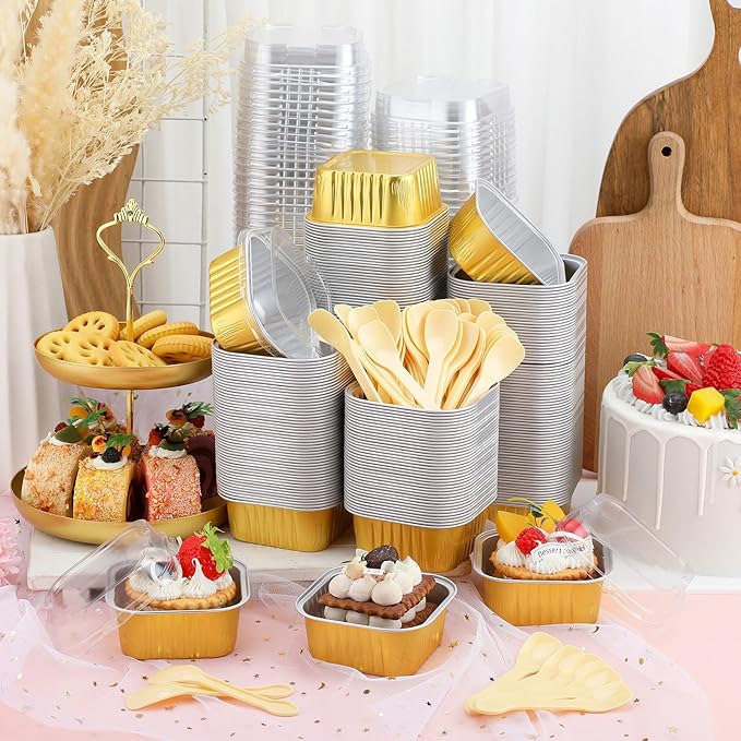 Hushee 600 Pcs Aluminum Foil Baking Cups with Lids and Spoons 5oz Disposable Ramekins Dessert Muffin Creme Brulee Cupcake Liners Containers for Wedding Birthday Christmas Party(Square,Gold)