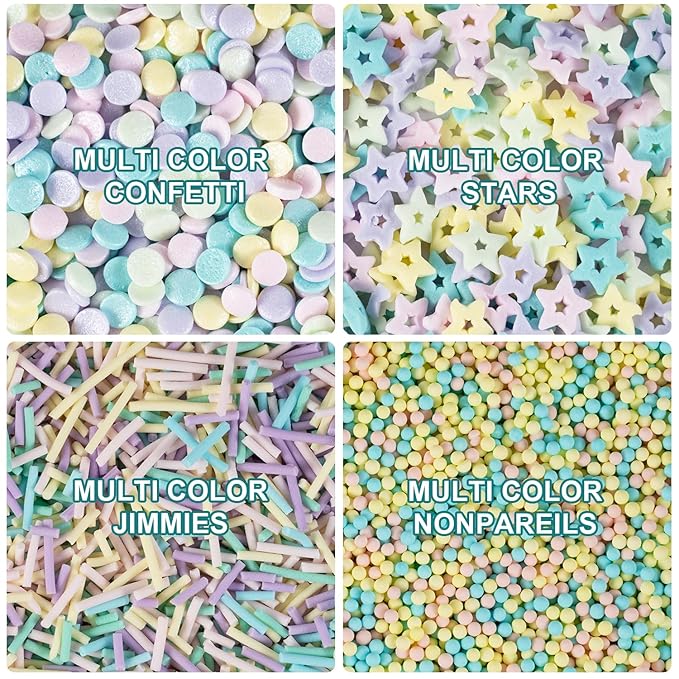 Pastel Sprinkle Mix 4 Cell Edible Macaron Color Jimmies Nonpareils Star Confetti for Cake Decorations Baking Ice Cream Cookies Cupcake Topper 6.5 ounces
