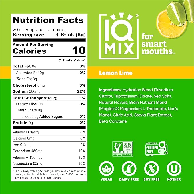 IQMIX Hydration Electrolyte Powder ??4-in-1 Formula for Hydration, Mental Clarity, Mood and Recovery ??Sugar-Free Drink Mix, Keto, Magnesium L-Threonate, Lion?™s Mane ??20 Count Lemon Lime