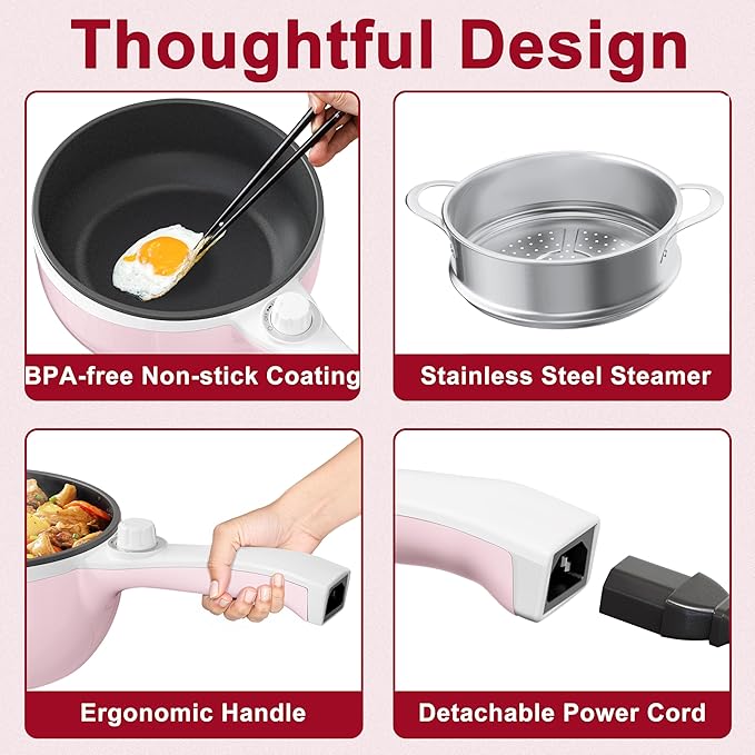Dezin Hot Pot Electric with Steamer Upgraded, Non-Stick Saut챕 Pan, Rapid Noodles Electric Pot, 1.5L Mini Pot for Steak, Egg, Fried Rice, Ramen, Oatmeal, Soup with Power Adjustment
