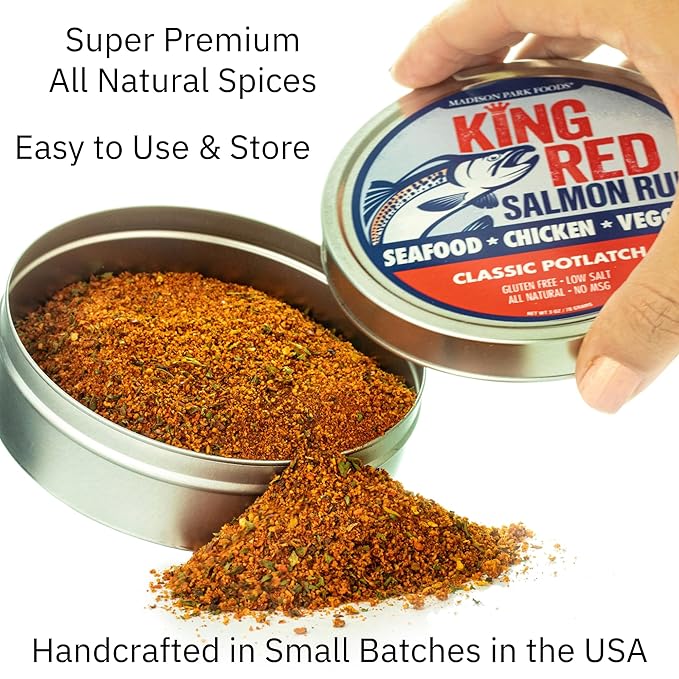 King Red Salmon Rub ??Classic Potlatch Seasoning Dry Spice Blend - Grilled Salmon, Seafood and Veggies ??All Natural, Gluten-Free, Keto, Low Salt and No MSG ??3oz Fresh-Sealed Pouch in Reusable Tin