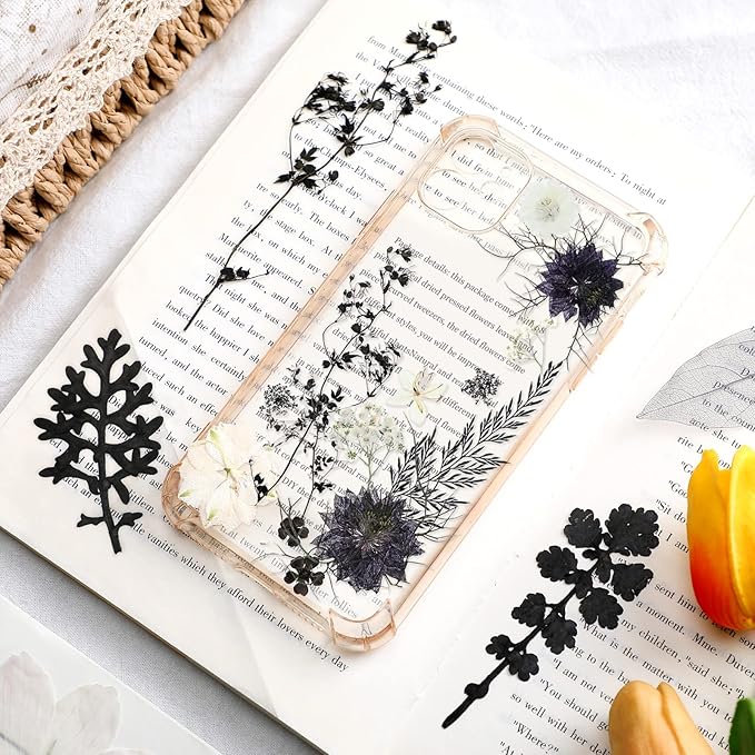 Nuanchu Pressed Flowers Bulk Dried Flower for Crafts, Dried Wildflowers Leave Natural with Tweezer for Resin Mold Scrapbooking Nail Soap Making DIY(Simple Style,Dark Color)