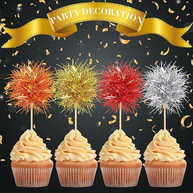 Chinco 100 Pcs Foil Firework Cupcake Toppers Sparkle Tinsel Cake Toppers Cake Decoration Cocktail Fruit Toothpick for Birthday Wedding Graduation Party (Silver, Red, Orange, Gold)