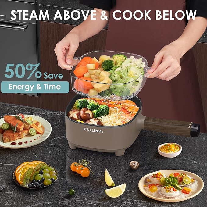 2L Hot Pot Electric with Steamer, Portable Electric Pot with Upgrade Honeycomb Nonstick Coating for Dorm, Office, Travel, Multi Cooker Pot for Ramen, Soup, Oatmeal (Tongs Included)