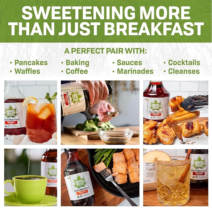 Maple Valley Organic Pure Maple Syrup, Amber & Rich, Better Than Pancake Syrup, Use for Coffee or All-Natural Sugar Substitute in Cooking and Baking (16oz Glass Bottle)