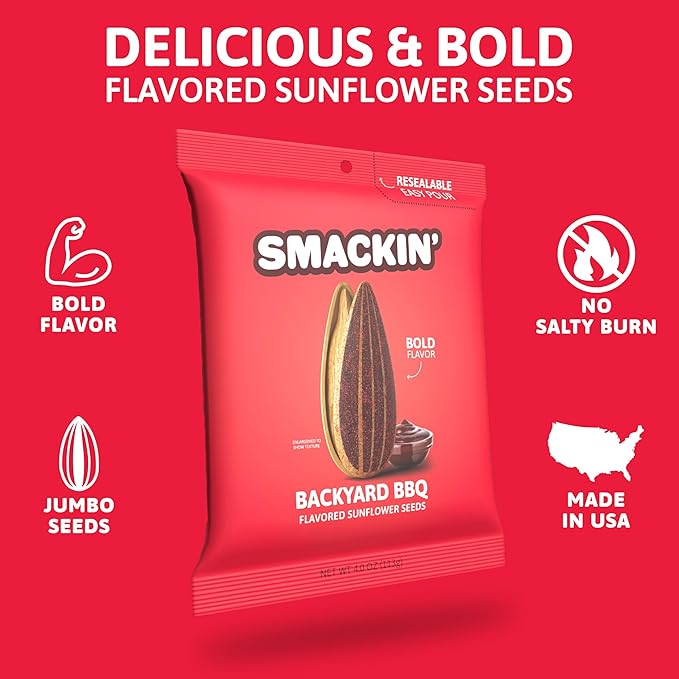 SMACKIN' - Jumbo Roasted Sunflower Seeds, No Salty Burn, American Made, Easy Pour & Seal - Backyard BBQ, 4oz bag (12 Bags)