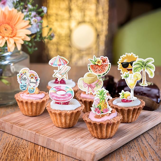 40 PCS Summer Beach Pool Cupcake Toppers Watermelon Slippers Sun Plam Tree Pineapple Tortoise Umbrella Cupcake Picks Beach Pool Party Cake Decorations for Summer Hawaii Theme Birthday Party Supplies