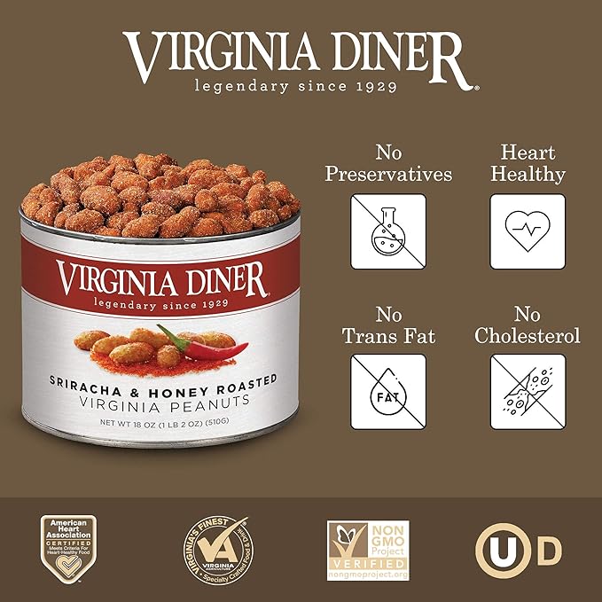 Virginia Diner Natural Virginia Honey Roasted & Siracha Xl Peanuts, Gourmet Non-Gmo Nuts, Premium Quality, Heart Healthy Snack 18oz