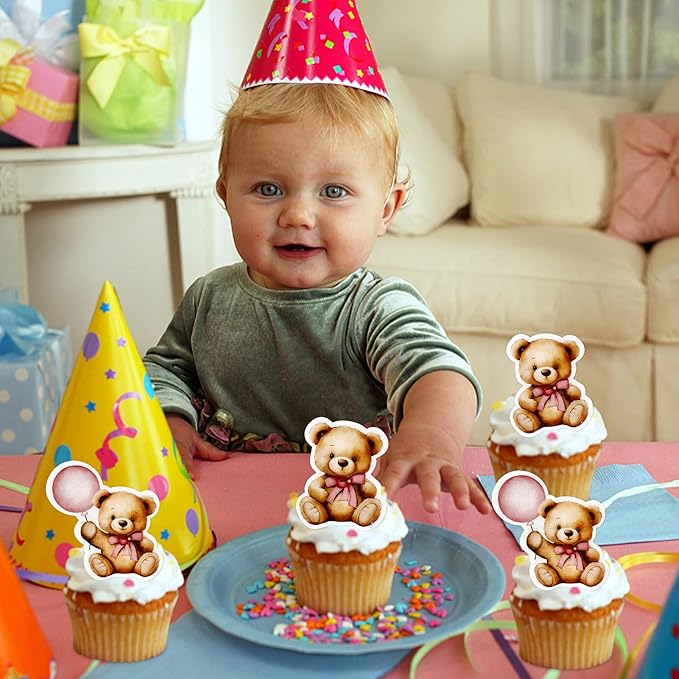 40 PCS Edible Wafer Paper Baby Shower Bear Cupcake Toppers Drink Topper Selection Baby Bear Theme Baby Shower Decorative Supplies Jungle Animal Theme Birthday Party Cake Decorative Supplies Pink