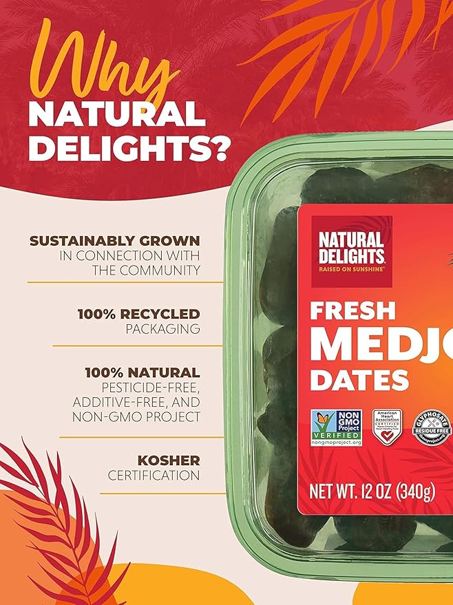 Natural Delights Medjool Dates Whole - Non-GMO Verified Fruit, Good Source of Fiber & Potassium, Naturally Sweet, Snack for On-the-Go, Large & Plump Dates - 12 oz Tub (Pack of 2)