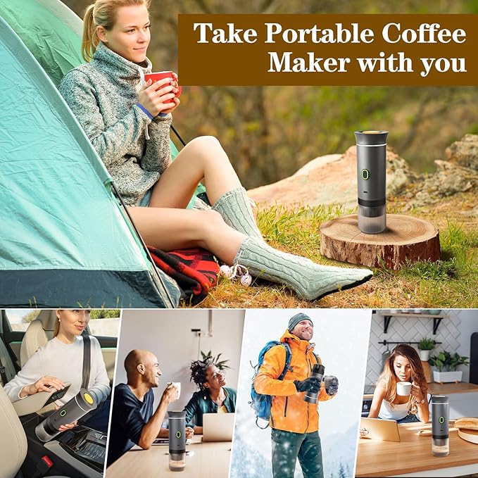 3-in-1 Portable Espresso Maker, Travel Coffee Maker, Self-Heating Car Coffee Maker with USB-C, Small Espresso Machine with Ground Coffee & Capsules (NS竊낪G) for RV, Hiking, Office (grey)