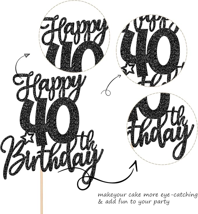 1 PCS Happy 40th Birthday Cake Topper Glitter Cheers to 40 Years Birthday Cake Pick Forty Hello 40 Fabulous Cake Decoration for Happy 40th Birthday Anniversary Party Decorations Supplies Black