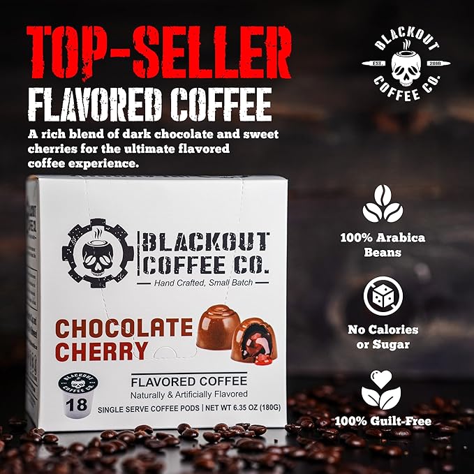 Blackout Coffee Chocolate Cherry Flavored Coffee Pods ??Premium Roasted, Smooth Taste, Guilt-Free Indulgence ??18 Count Single-Serve Pods, American Made
