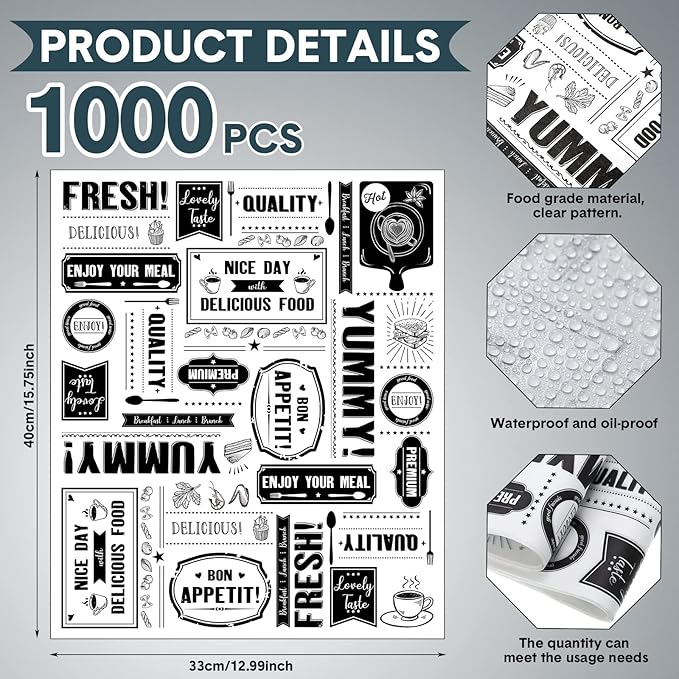 Seajan 13x15.8 Inch Newsprint Wax Paper Sheets Newspaper Theme Food Basket Liners Grease Resistant Paper Waterproof Sandwich Wrapping Paper Bakery Tissue for Hamburger Baking Kitchen Picnic (1000 Pcs)
