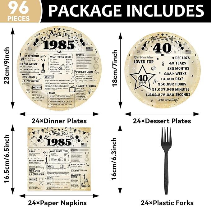 96Pcs 40th Birthday Plates and Napkins Back in 1985 Party Decorations Vintage 40 Year Old Dessert Plates 1985 Birthday Cheers to 40 Years Theme Tableware Set for 24 Guests Men Women Party Supplies