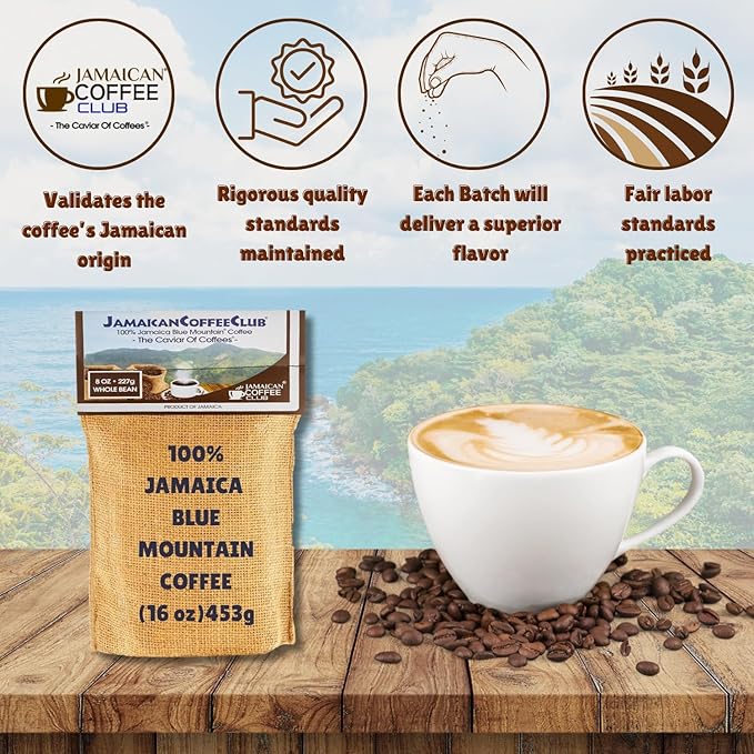 JamaicanCoffeeClub 100% Blue Mountain Whole Bean Coffee ??WB 8oz Jamaican Roasted Beans, Smooth Rich Flavor, Handpicked Gourmet Beans, Bold Medium Roast ??Fresh Pack, Premium Jamaican Coffee