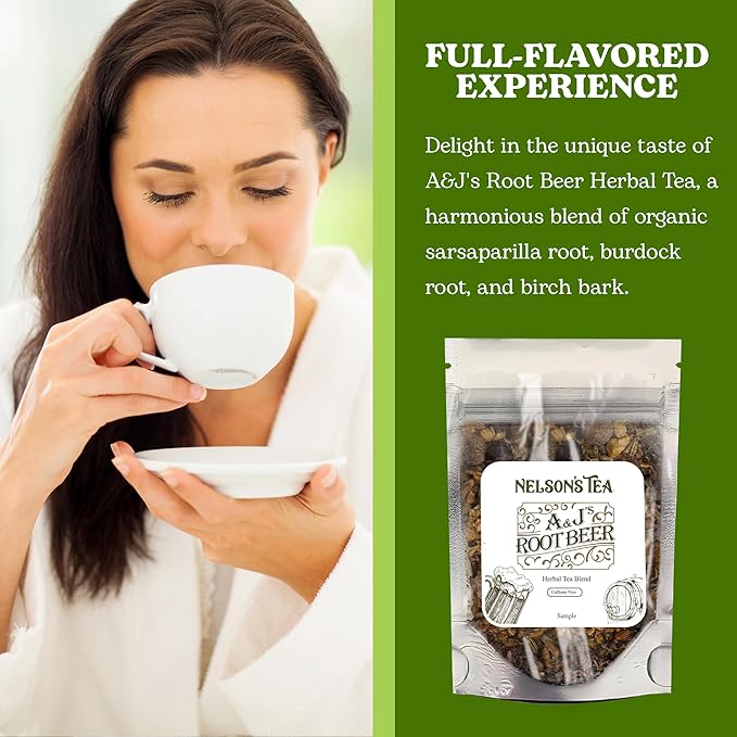 Nelson's Tea A&J's Root Beer - Sarsaparilla Root Herbal Loose Leaf Tea - A Harmonious Blend of Flavorful Ingredients like Sarsaparilla, Burdock Root, Birch Bark (Sample)