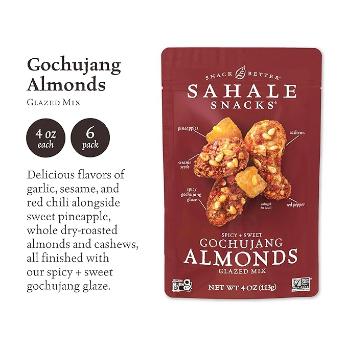 Sahale Snacks Gochujang Almonds Glazed Mix, Kosher, Gluten Free, 4 Ounce (Pack of 6)
