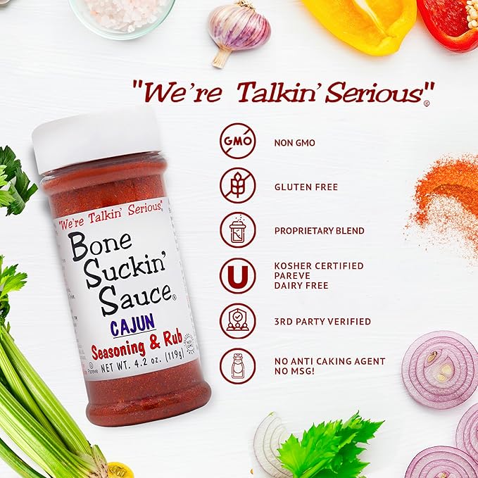 Bone Suckin' Cajun Seasoning & Rub, 4.2 Oz - Gluten-Free, Non-GMO, Kosher, Pareve, Paleo & Sugar Free. Great on Gumbo, Wings, Fried Chicken, Seafood & Brine. No Anti Caking Agent & No Msg!