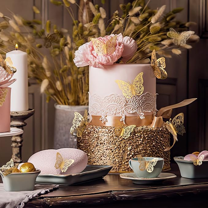 Crosize 72 Pcs Gold Butterfly Decorations, 3 Sizes 3 Styles, 3D Butterfly Wall Decor, Party Decorations, Birthday Decorations, Butterflies for Crafts, Cake Decorating, Wall Room Decor