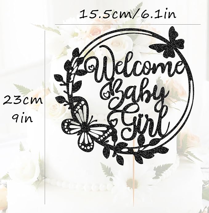 Welcome Baby Girl Cake Topper - Black Glitter Baby Shower Cake Decorations, Baby Girl Cake Decor, for Baby Shower/Birthday Party/Gender Reveal Party Photo Booth Props
