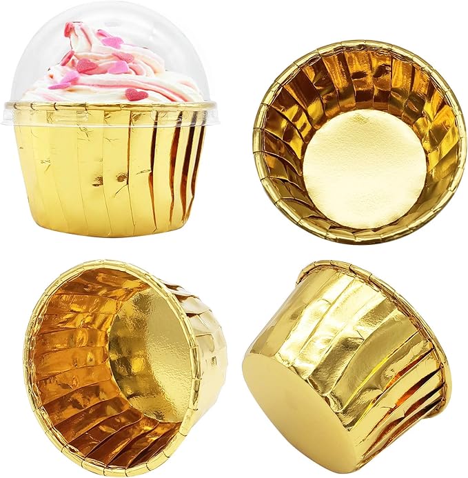 Gold Cupcake Liners with Lids 100Pack,Free-Air 3.5Oz Mini Muffin Liners Cupcake Wrappers,Foil Cupcake Baking Cups,Disposable Ramekins Muffin Tins for Wedding Birthday Party, with Spoons-Gold