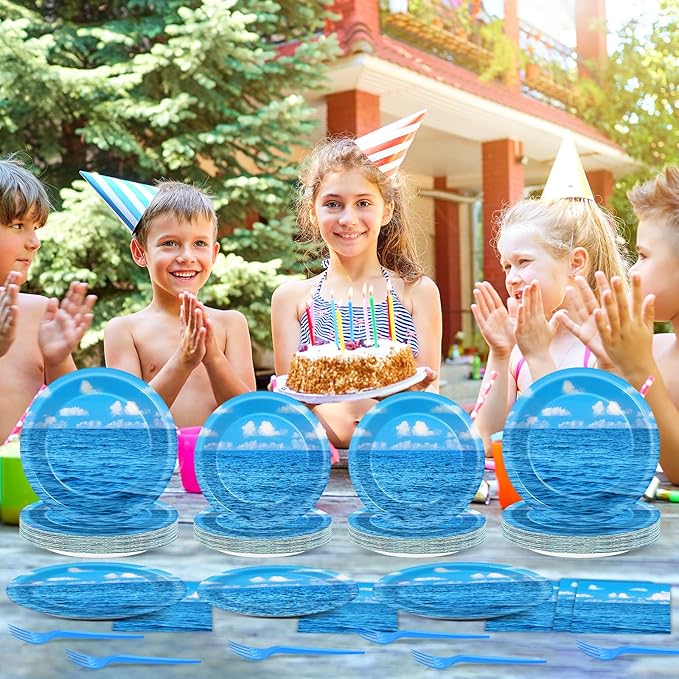 96Pcs Summer Ocean Plates and Napkins Under the Sea Bubbles Blue Sky Party Decorations Beach Dessert Plates Hawaiian Birthday Tableware for 24 Guests Hawaiian Theme Men Woman Birthday Party Supplies