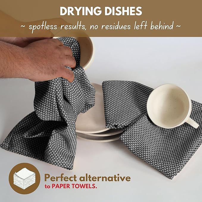 Native Fab 4 Pack Dotted Pattern Kitchen Dish Towels Cotton Super Absorbent Quick Drying Reusable 18x26 Inches - Bar Hand Towels, Kitchen Cleaning Towels with Hanging Loop, Black