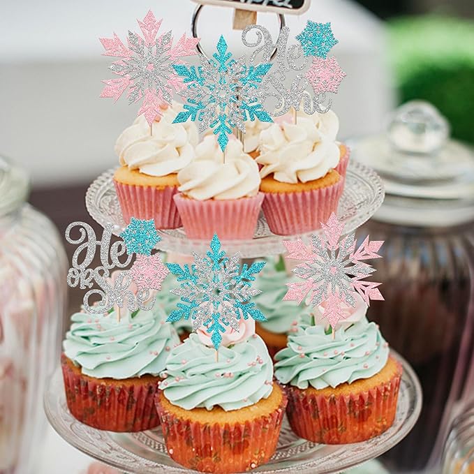 Rsstarxi 24 Pack Snowflake Gender Reveal Cupcake Toppers Pink Blue Glitter He or She Cupcake Picks Winter Snowflake Cake Decorations for Winter Wonderland Birthday Baby Shower Party Supplies