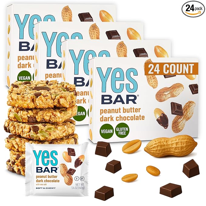 The YES Bar ??Peanut Butter Dark Chocolate ??Plant Based Protein, Decadent Snack Bar ??Vegan, Paleo, Gluten Free, Dairy Free, Low Sugar, Healthy Snack, Breakfast, Low Carb, Keto Friendly (24 Count)