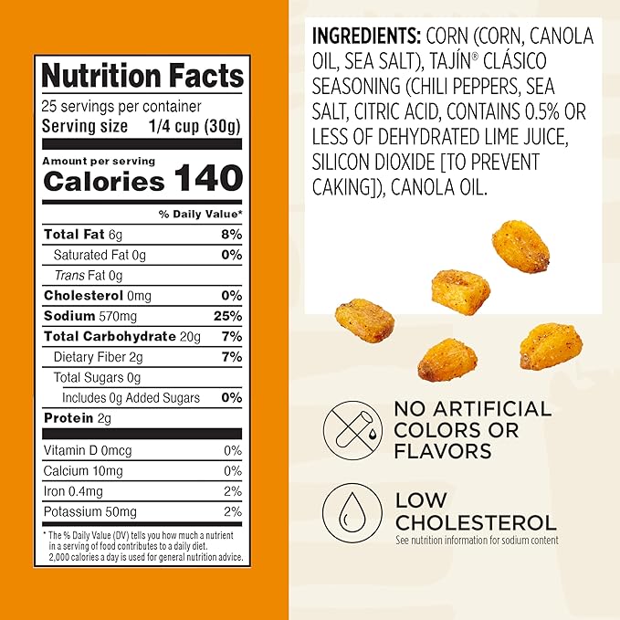 Snak Club Tajin Toasted Corn, Roasted Corn Nuggets with Chili and Lime Seasoning, Mild, Non-GMO, Gluten-Free, Kosher Snack, No Artificial Colors or Flavors, Low Cholesterol, 26 oz Resealable Bag