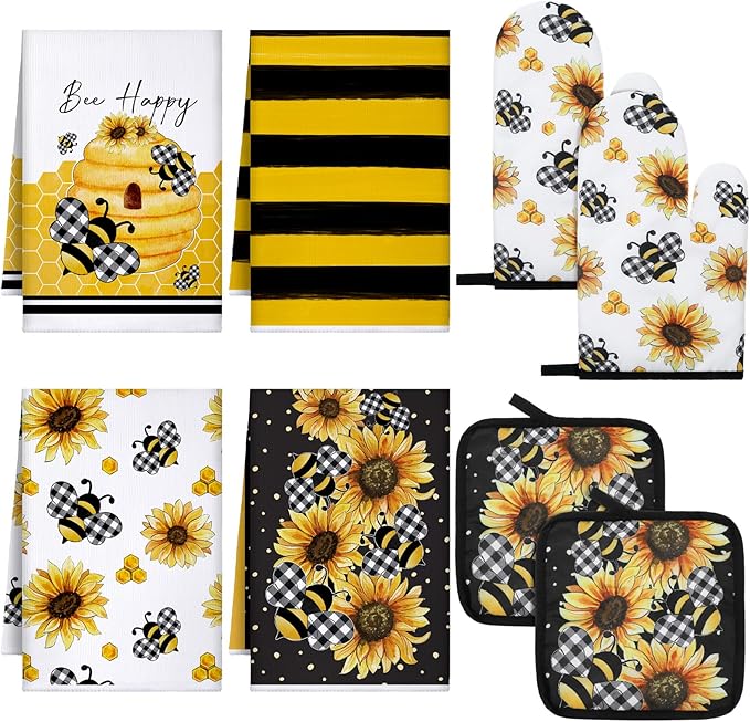 Bencailor 8 Pcs Kitchen Towel Pot Holders and Oven Mitts Set Kitchen Decoration 4 Dish Towels 2 Retro Oven Mitts 2 Potholders for Housewarming Gift Cooking Baking Grilling(Bee and Sunflower,Yellow)