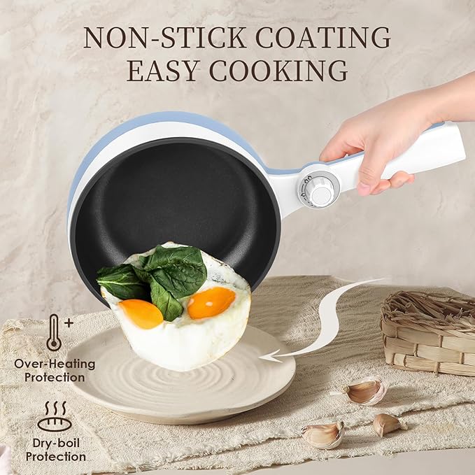Audecook Hot Pot Electric with Steamer, 1.7L Mini Electric Skillet Portable Nonstick Saut챕 Pan with Power Adjustment, Ramen Cooker Travel Multicooker for Steak/Soup/Egg/Oatmeal/Noodles