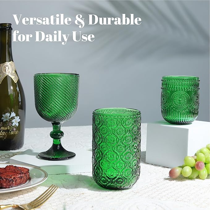 Joeyan Vintage Drinking Glasses,Green Embossed Floral Highball Glass Water Tumbler,14 oz Colored Beverages Juice Cocktail Beer Wine Glassware Cups,Set of 4,Dishwasher Safe