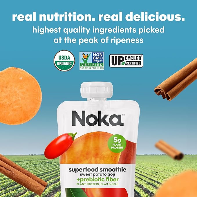 Noka Superfood Fruit Smoothie Pouches, Sweet Potato Goji, Healthy Snacks with Flax Seed, Plant Protein and Prebiotic Fiber, Vegan and Gluten Free Snacks, Organic Squeeze Pouch, 4.22 oz, 6 Count