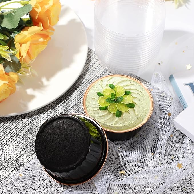 EUSOAR Ramekin Baking Cups, 30pcs 5oz Aluminum Foil Muffin Liners Cupcake Baking Cup with Lids, Mini Pie Pans with Lids, Disposable Foil Containers for Creme Brulee or Cupcake-Black