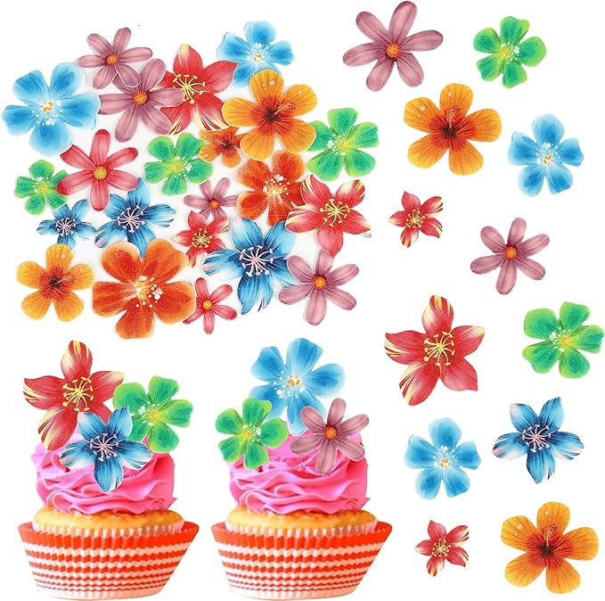 72 Pack Edible Hawaii Flowers Cake Decorations, Edible Flowers Wedding Birthday Cake Decorations Flowers Cake&Cupcake Toppers for Baby Shower Birthday Birthday Party Food Decorations