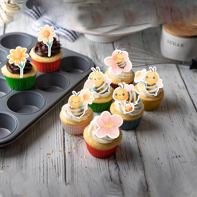 Rsstarxi 63 Pack Edible Bee Cake Topper Wafer Paper Oh Babee Cupcake Toppers for Honeybee Theme Bee Baby Shower Kids Birthday Party Cake Decorations Supplies