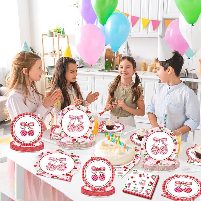 96Pcs Cherries Theme Plates and Napkins Pink Bow Cherry Birthday Party Decoration Disco Ball Disposable Dessert Cake Plates Cherries Paper Dinner Tableware for 24 Guests Girls Boys Kids Party Supplies