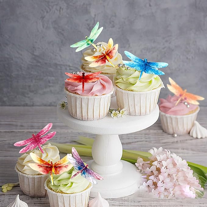 45PCS Edible Dragonfly Cupcake Toppers Wafer Paper Insect Themed Cake Decoration Drink Topper Wedding Baby bath Cake Decorations Garden Decorations Birthday Party Decoration Supplies