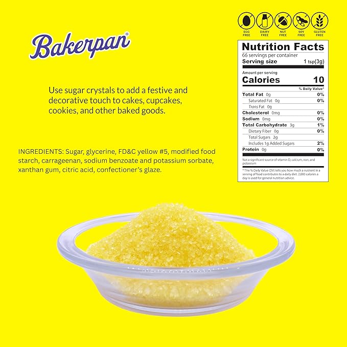 Bakerpan Sugar Sprinkles for Baking - 7 Ounce Lemon Yellow Decorating Sugar Crystals for Cookies, Cake Pops, Ice Cream (Made in USA)