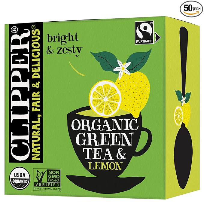 Clipper Tea Green Tea & Lemon Teabags ??USDA Organic, Great Hot or Iced ??Bright, Zippy, Natural, Fair & Delicious ??50 Tea Bags