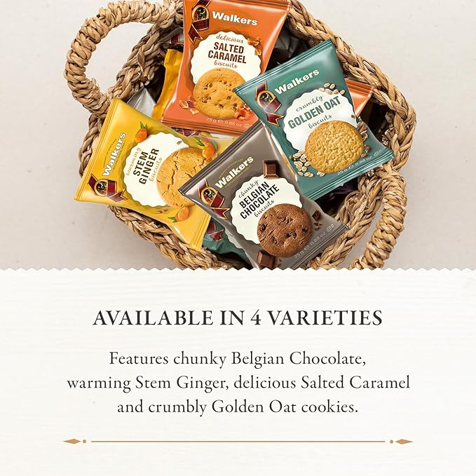 Walker’s Assorted Scottish Cookie Variety Pack - 100 Snack Packs (2 Cookies Each) - Includes Belgian Chocolate, Stem Ginger, Salted Caramel & Golden Oat Cookies
