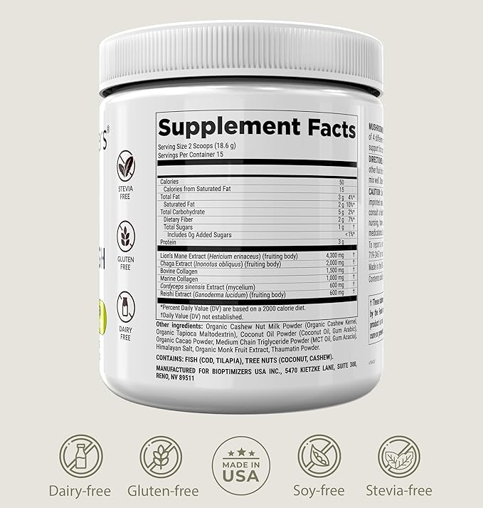BIOptimizers Mushroom Coffee Alternative ??Chocolate Drink ??Lion?™s Mane, Chaga, Reishi + Collagen Peptides for Focus, Energy & Gut Health ??Adaptogenic Mushrooms & MCT Powder ??15 Servings