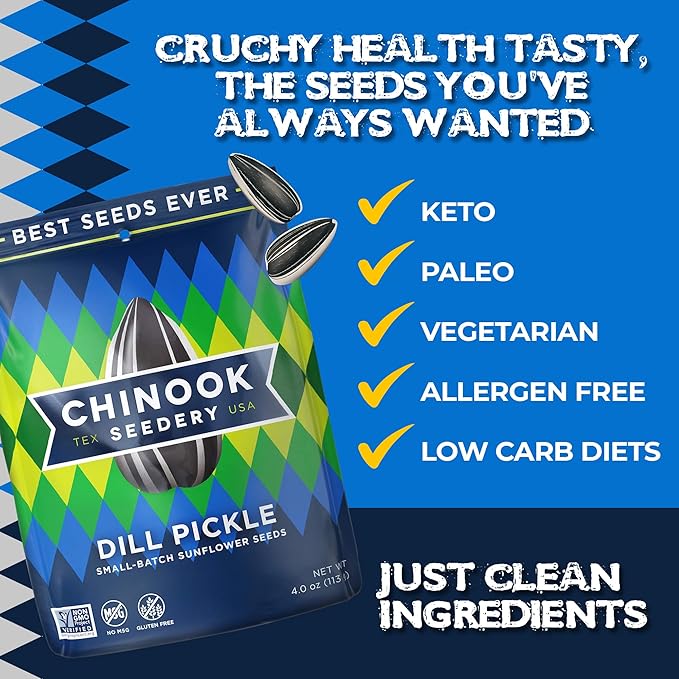 Chinook Seedery Roasted Jumbo Sunflower Seeds - Keto Snacks, Gluten-Free, Non-GMO, Dill Pickle Flavor 4 oz (12-Pack)